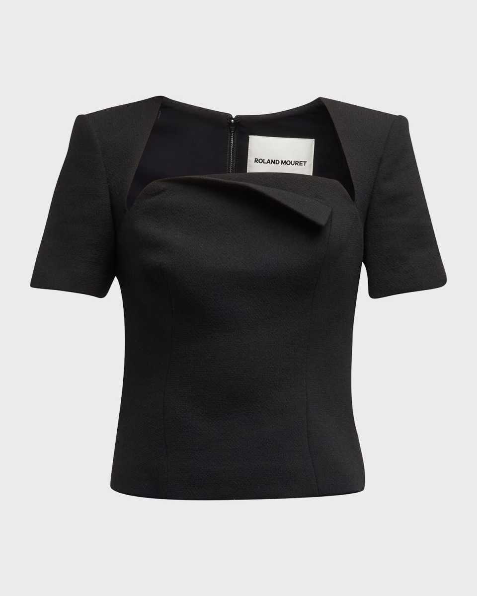 Foldover Square-Neck Short-Sleeve Wool Crepe Top